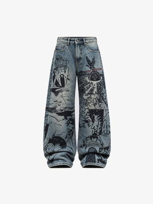 Graphic Wide Leg Jeans with Manga-Style Print – Blue, front flat | XoKool