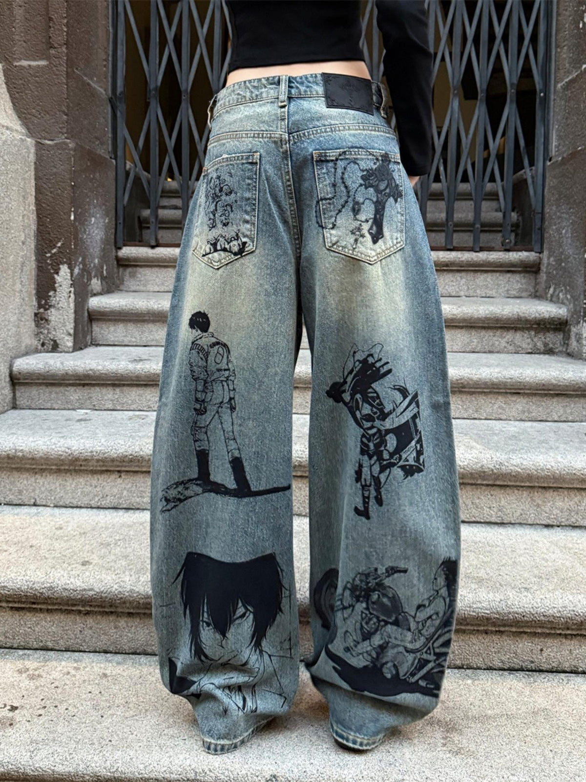 Graphic Wide Leg Jeans with Manga-Style Print – on model, back | XoKool