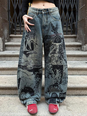 Graphic Wide Leg Jeans with Manga-Style Print – on model, front | XoKool
