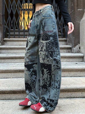 Graphic wide leg jeans – on model, side | XoKool