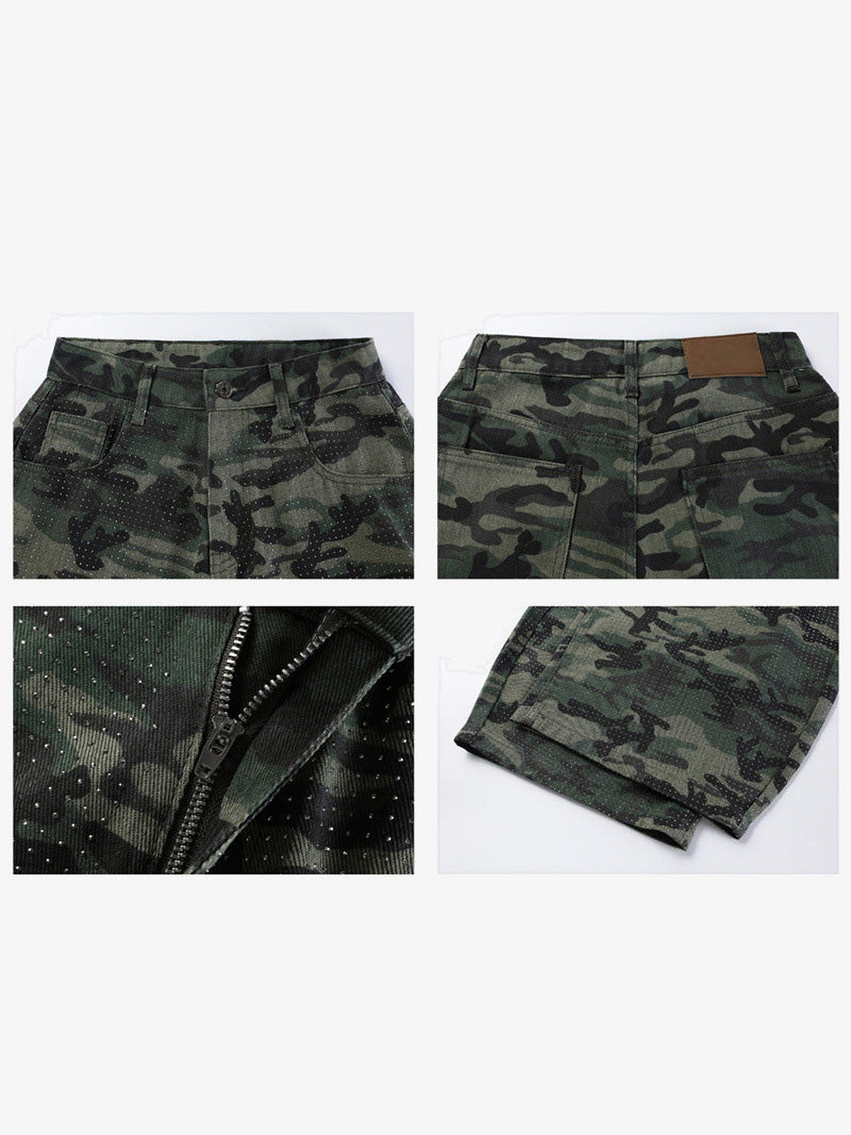 Camo jeans – waist, back patch, zip fly and hem details | XoKool