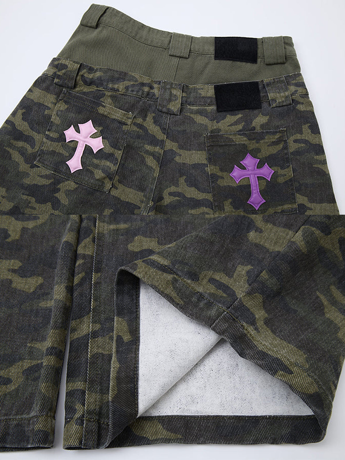 Green Camo Barrel Pants with Layered Waist – back cross patches and slit close-up | XoKool