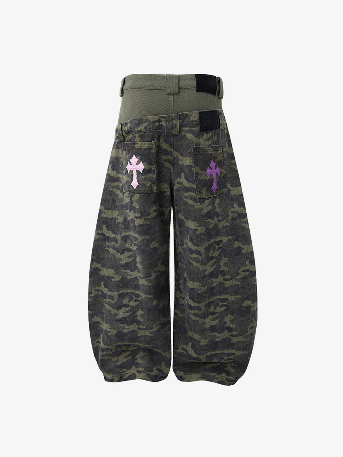 Green Camo Barrel Pants with Layered Waist – back flat lay | XoKool