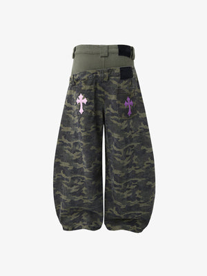 Green Camo Barrel Pants with Layered Waist – back flat lay | XoKool