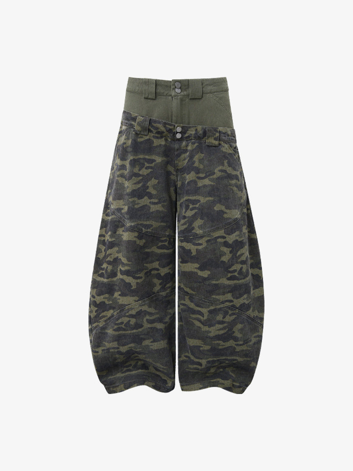Green Camo Barrel Pants with Layered Waist – front flat lay | XoKool