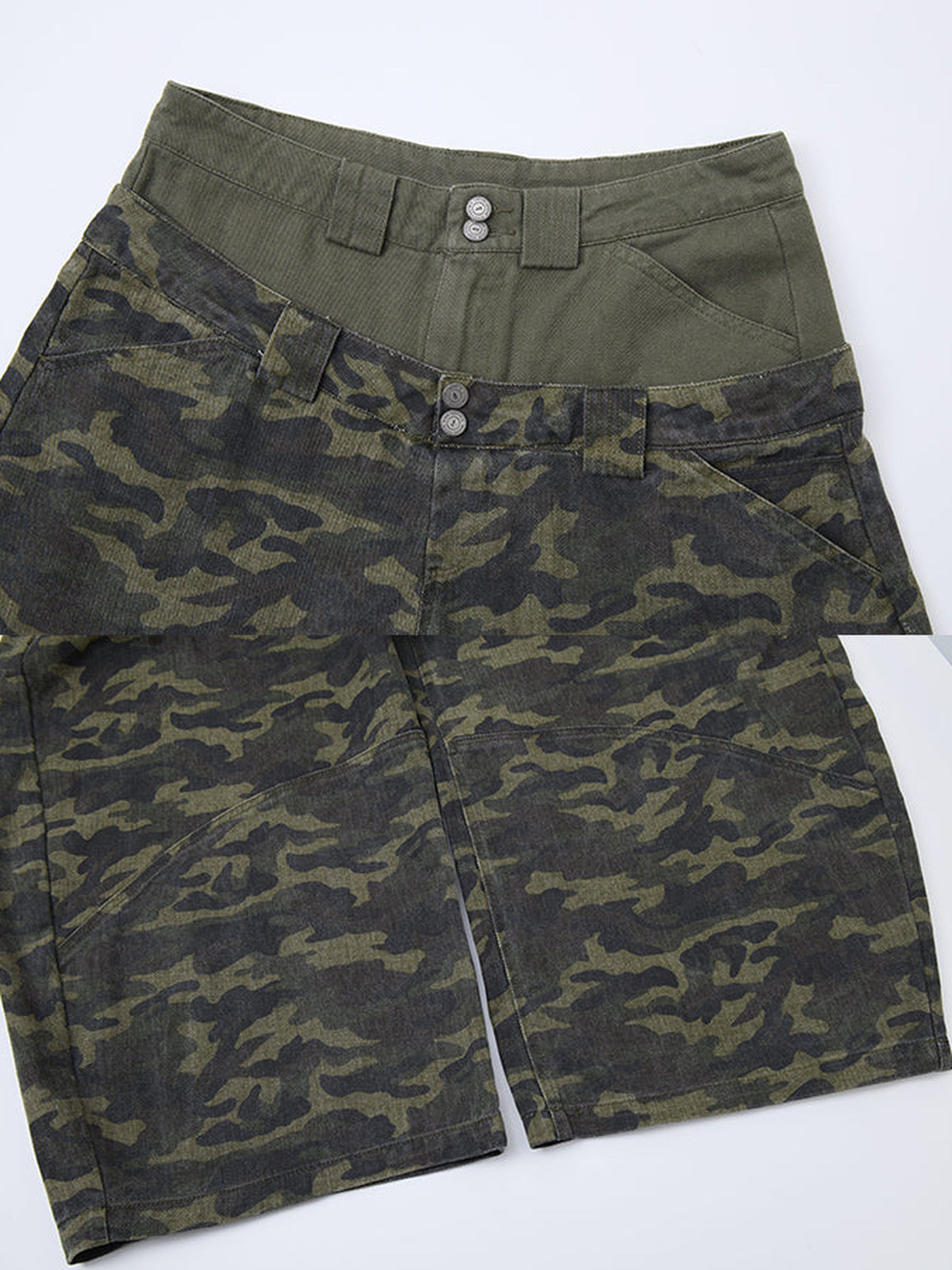 Green Camo Barrel Pants with Layered Waist – waist and front close-up | XoKool