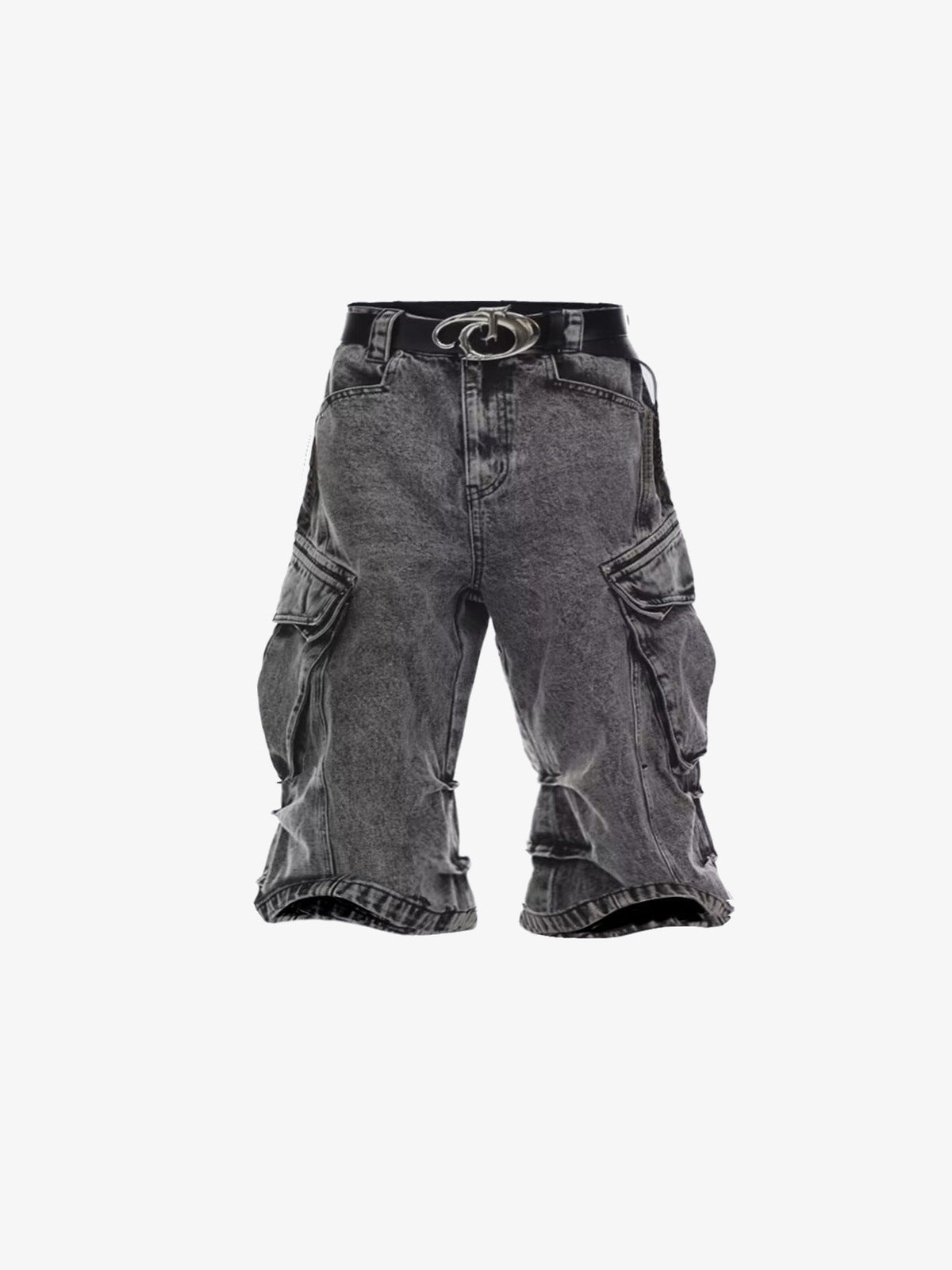 Graue Acid Wash Cargo Jorts – Vorderseite flach mit Gürtel | XoKool