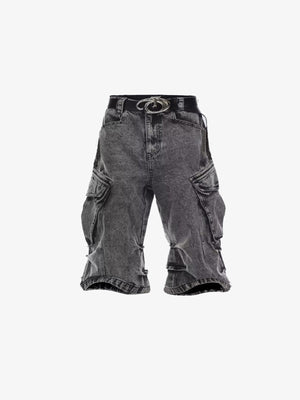 Graue Acid Wash Cargo Jorts – Vorderseite flach mit Gürtel | XoKool