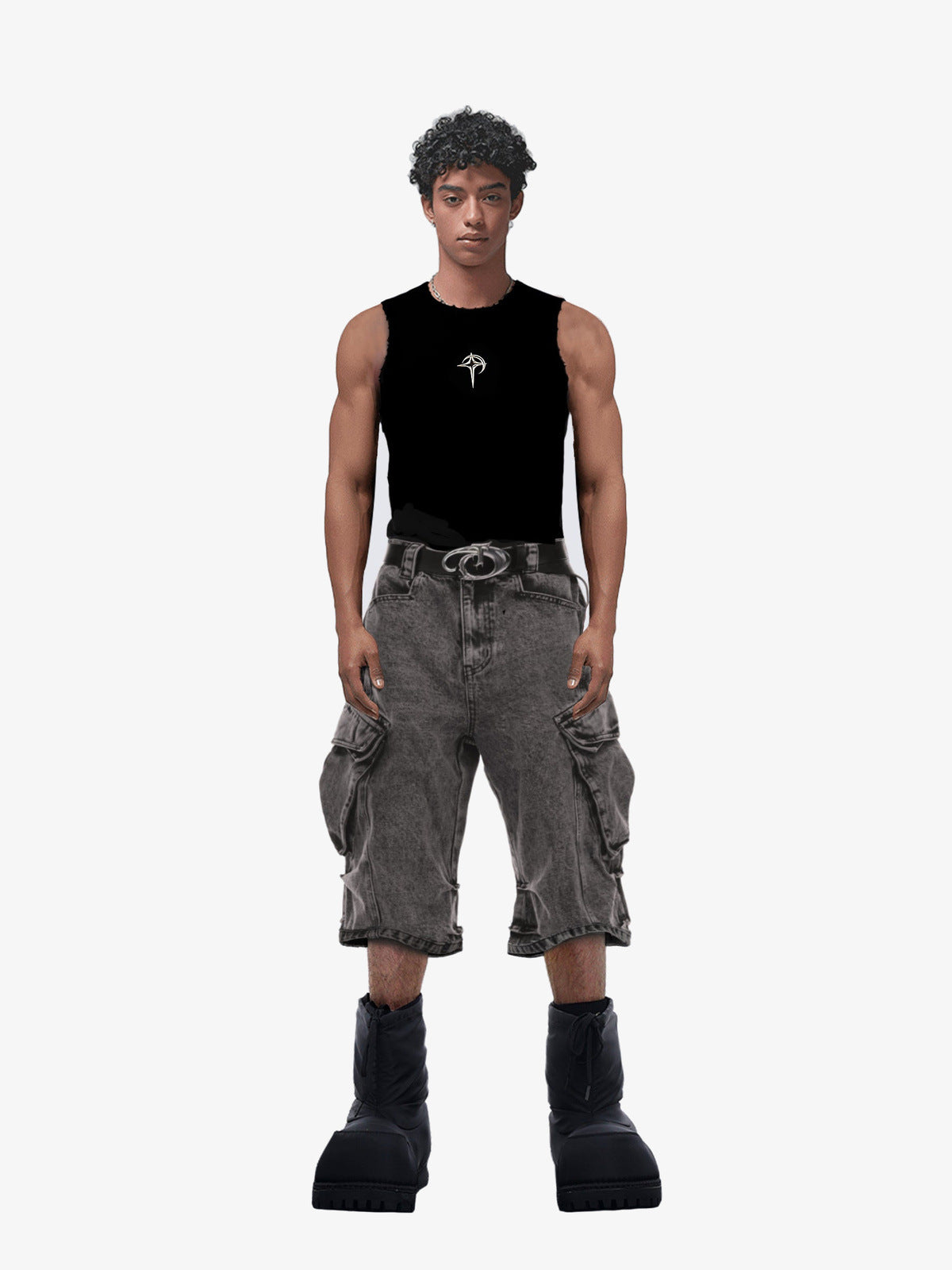 Graue Acid Wash Cargo Jorts – am Model, von vorn, ganzer Look | XoKool