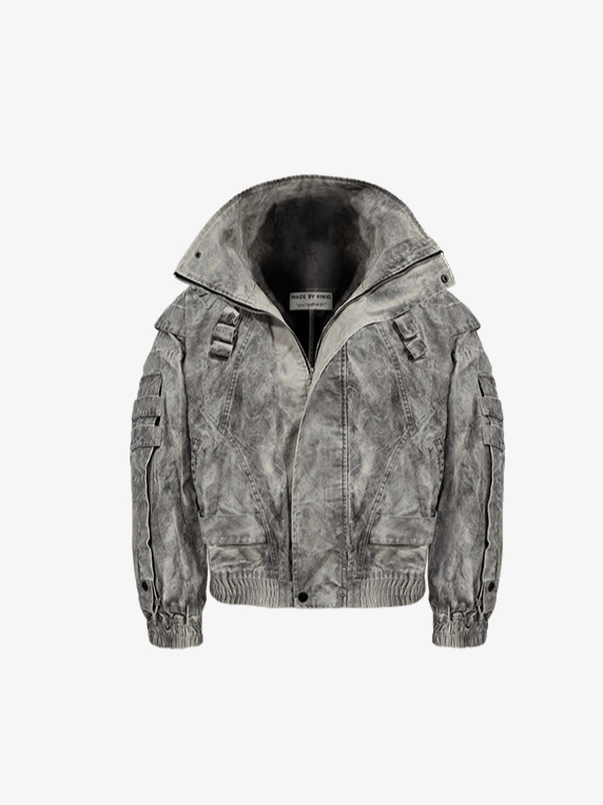 Graue Acid Wash Bomberjacke mit hohem Kragen – Grau, Vorderansicht, Kragen offen | XoKool