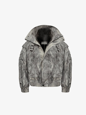 Chaqueta bomber gris acid wash con cuello alto – gris, vista frontal, cuello abierto | XoKool