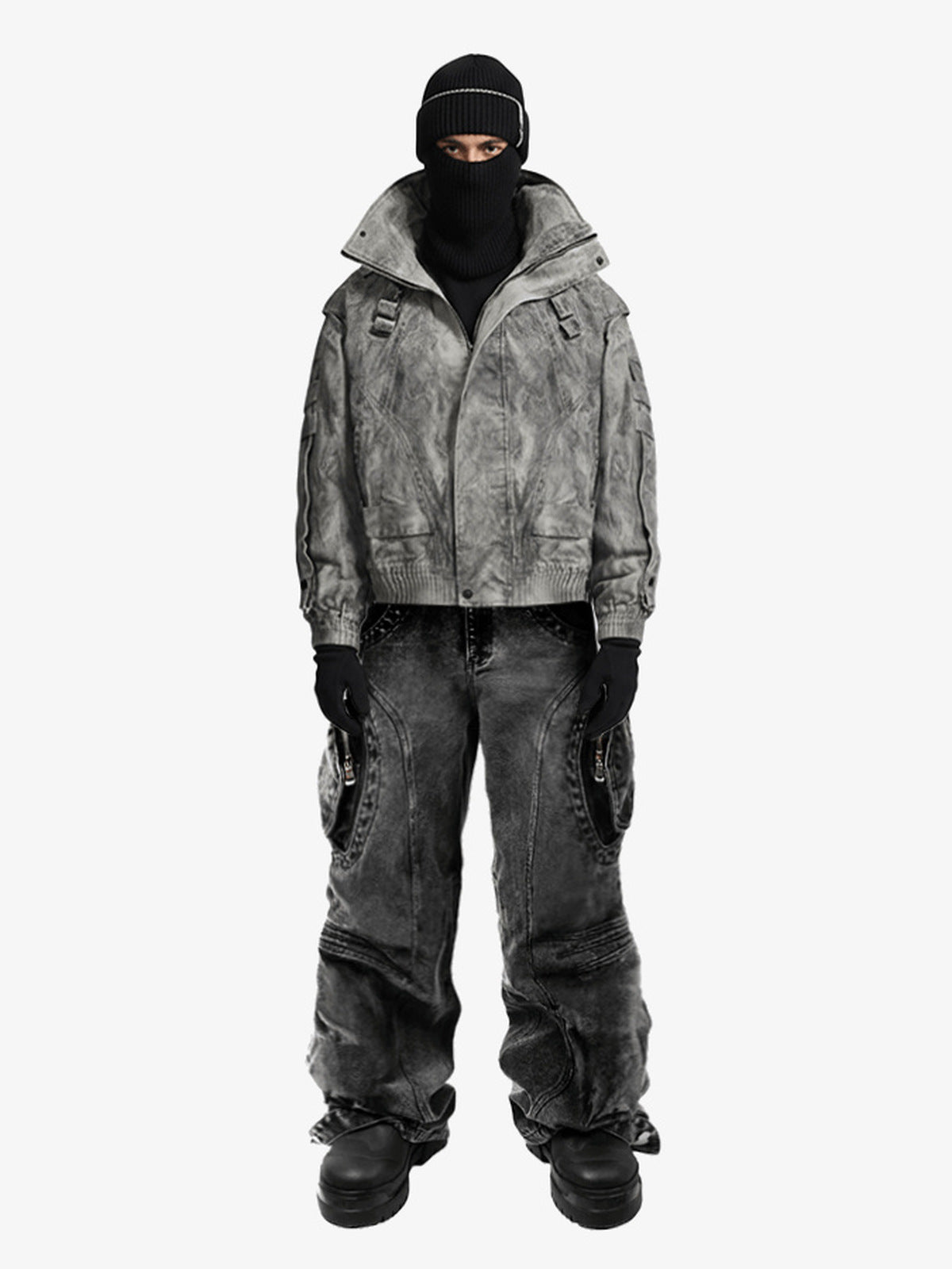 Chaqueta bomber gris acid wash con cuello alto – en modelo, frente | XoKool