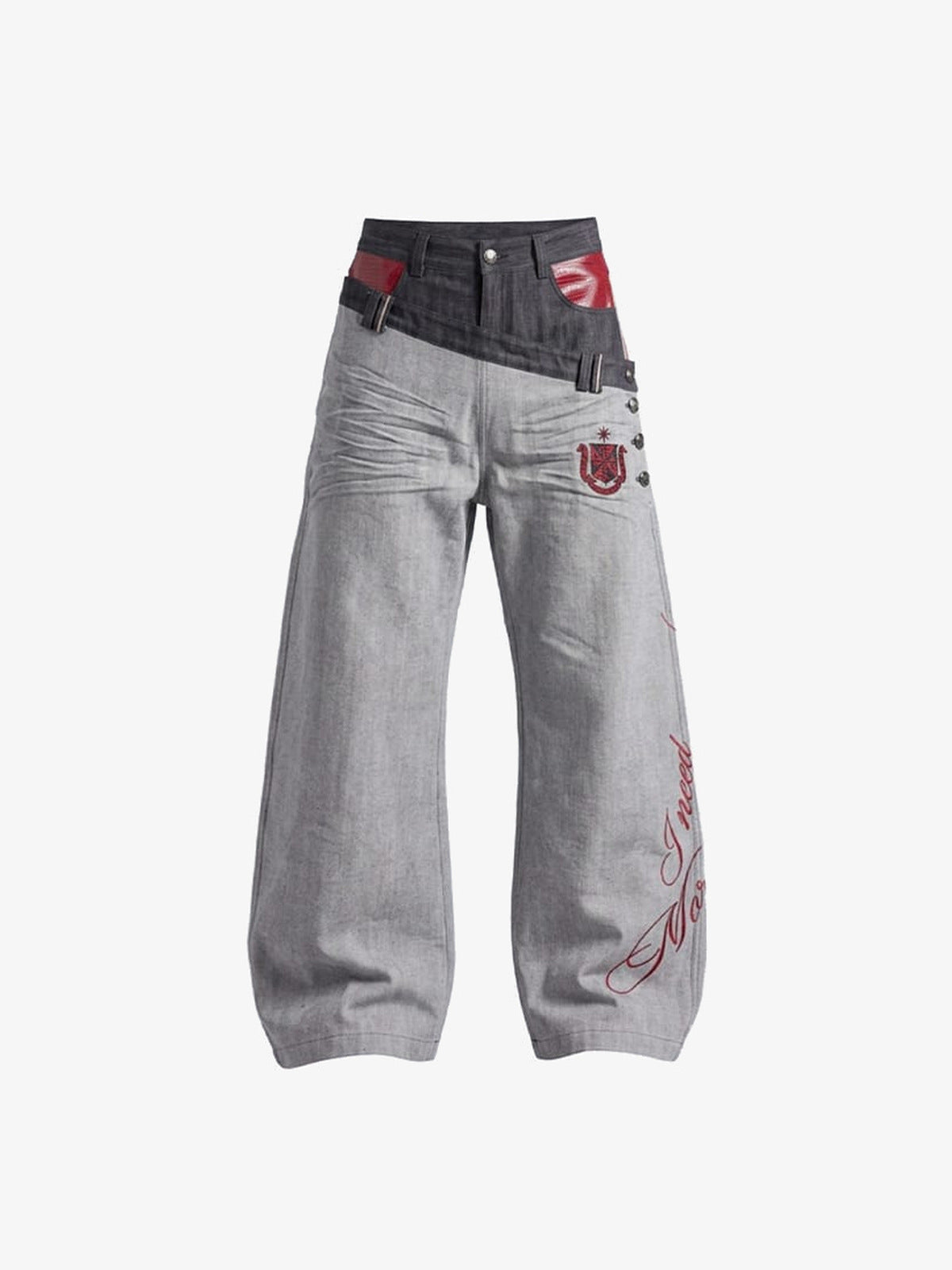 Graue Wide Leg Jeans mit asymmetrischem Bund – Vorderseite flach | XoKool