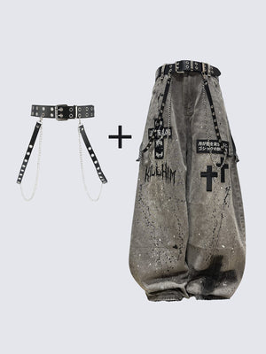 Grey Baggy Jeans with Paint Splatter and Cross Print – belt plus jeans set view | XoKool