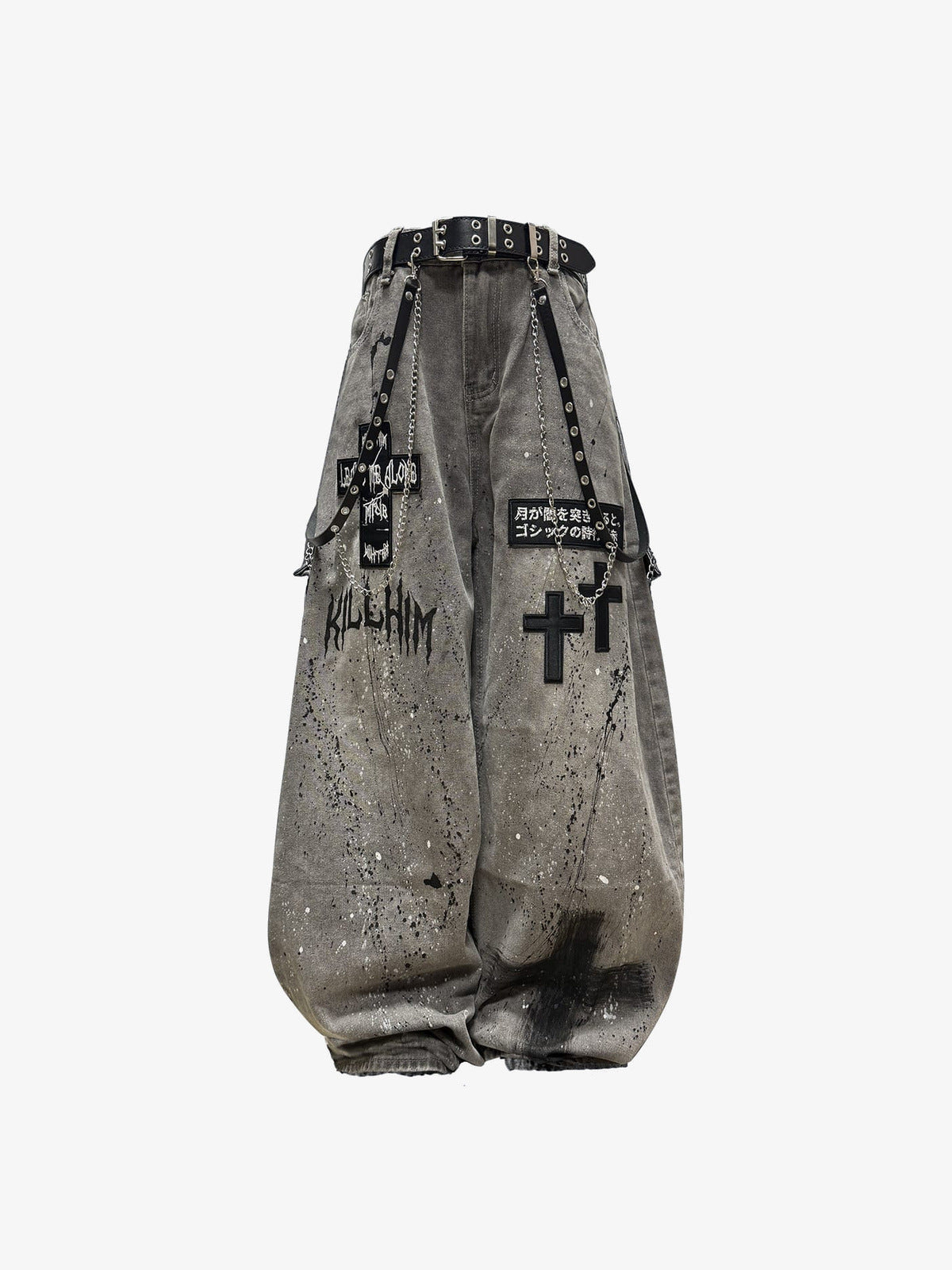 Graue Baggy Jeans mit Farbspritzern und Kreuz-Print – vorne flach mit Gürtel | XoKool