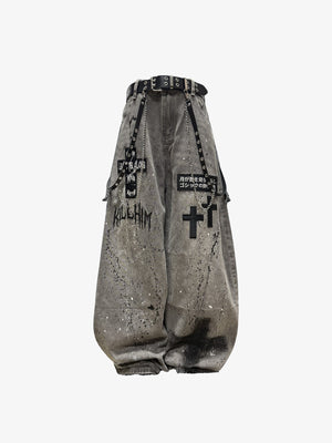 Grey Baggy Jeans with Paint Splatter and Cross Print – front flat with belt | XoKool