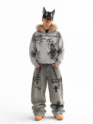 Grey Baggy Jeans with Paint Splatter and Cross Print – on model, front | XoKool