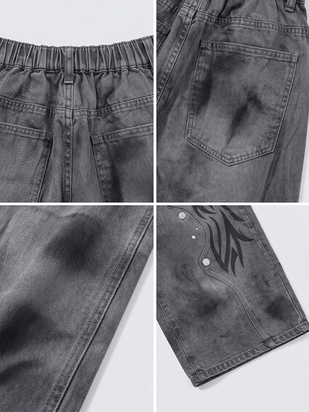 Graue Tribal Jeans – Detail-Collage: Bund, Gesäßtasche, Shading, Flame Print | XoKool