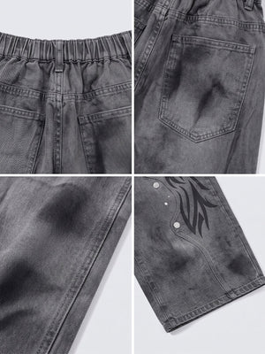 Graue Tribal Jeans – Detail-Collage: Bund, Gesäßtasche, Shading, Flame Print | XoKool