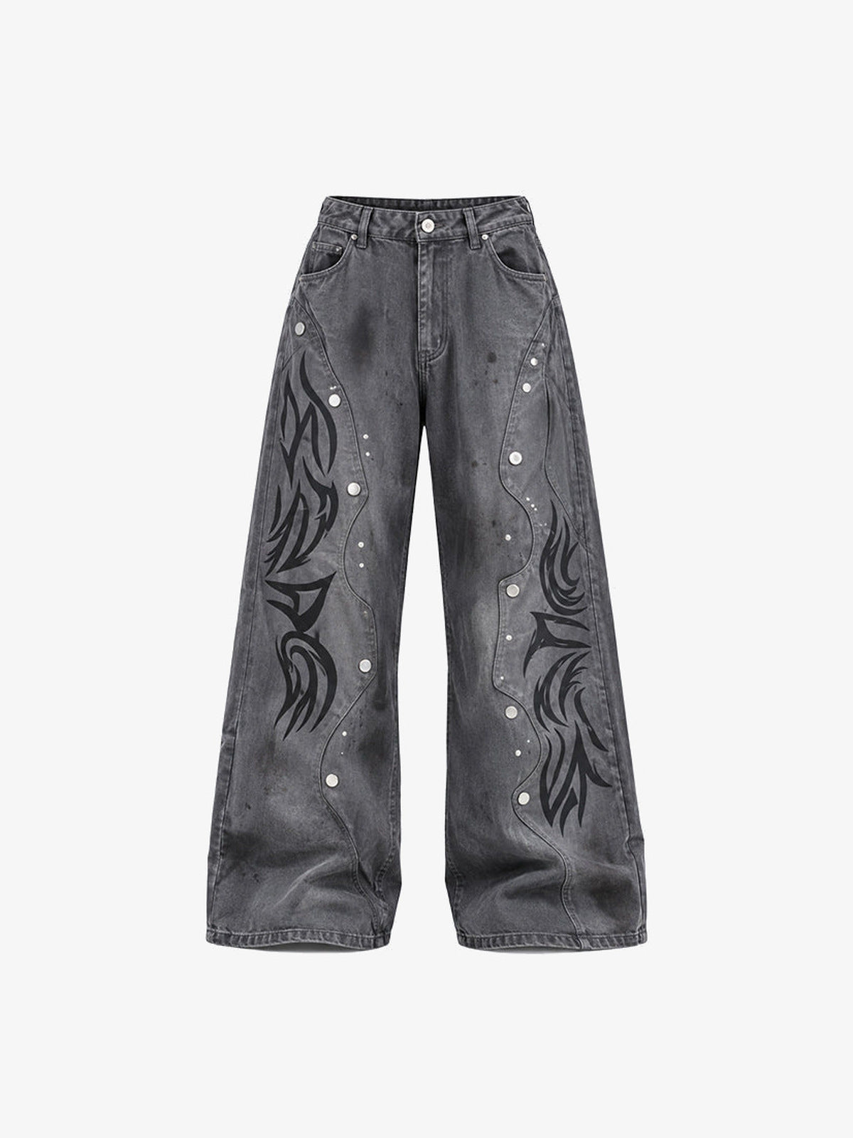 Graue Baggy Jeans mit Tribal Flame Print – Washed Grau, Vorderseite flach | XoKool