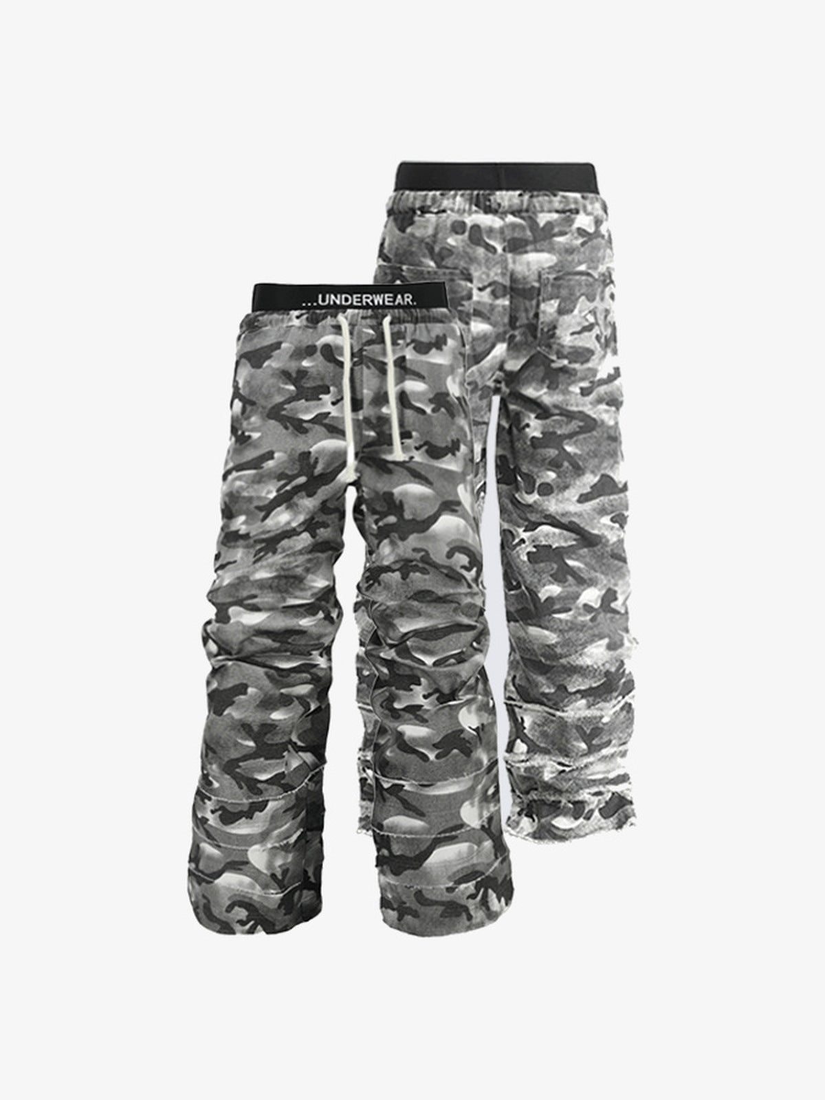 Grey Camo Stacked Sweatpants with Drawstring – front flat pair | XoKool