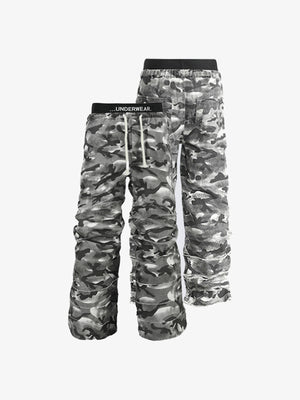 Grey Camo Stacked Sweatpants with Drawstring – front flat pair | XoKool