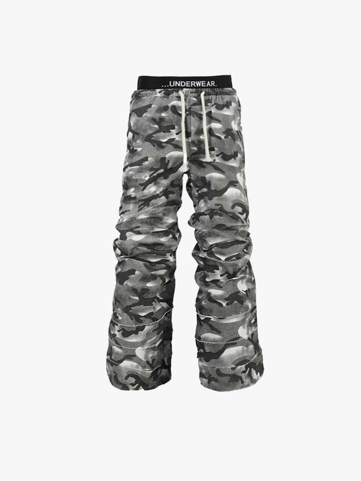 Grey Camo Stacked Sweatpants with Drawstring – Grey camo, front flat | XoKool