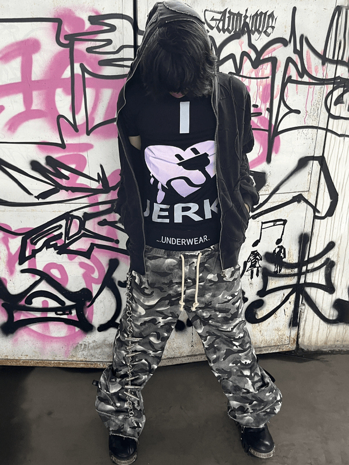 Camo Stacked Sweatpants – street photo, front | XoKool