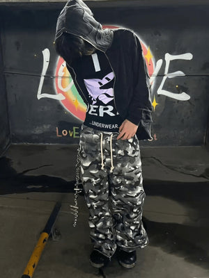 Grey Camo Stacked Sweatpants with Drawstring – street photo, front | XoKool