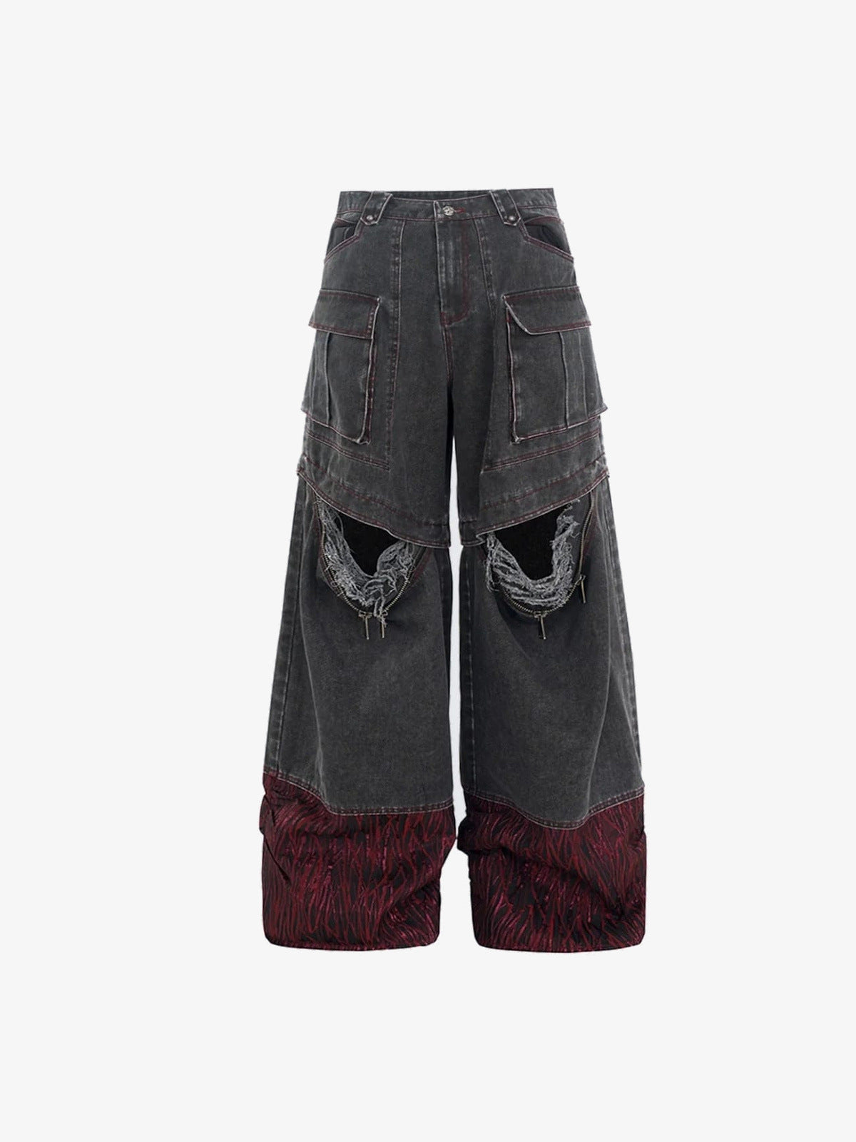 Jeans cargo grises con rodillas rotas y dobladillos rojos – vista frontal plana | XoKool