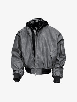 Graue Distressed Bomberjacke in Lederoptik – Grau, Vorderseite an der Büste | XoKool