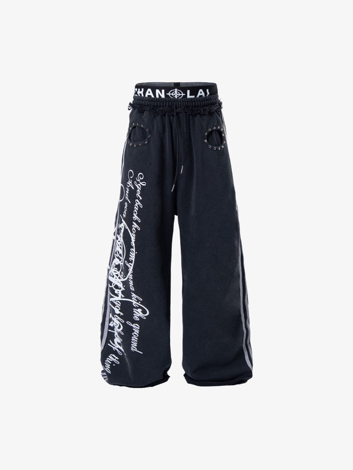 Pantalones deportivos de pierna ancha grises con doble cintura y tachuelas – Negro, vista frontal | XoKool