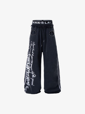 Pantalones deportivos de pierna ancha grises con doble cintura y tachuelas – Negro, vista frontal | XoKool