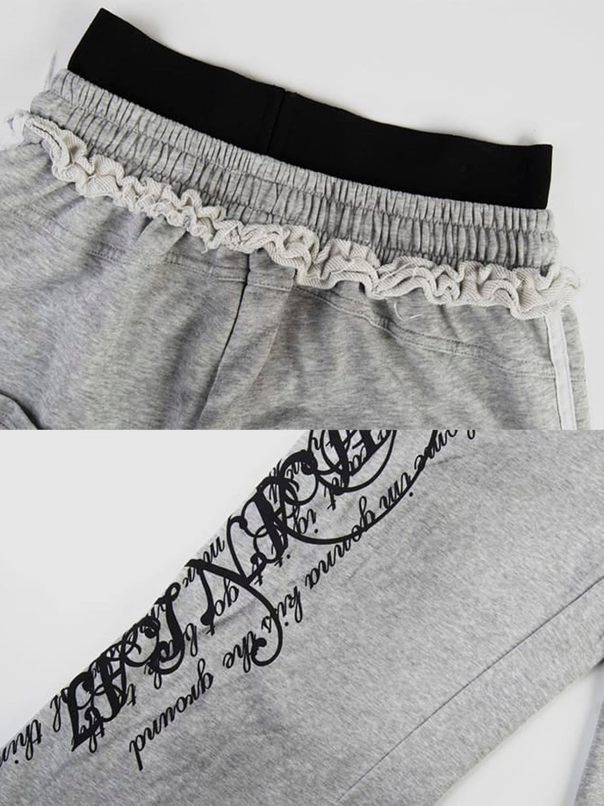 Pantalones deportivos con tachuelas – Detalle de la cintura con volante y el estampado de letras, gris | XoKool