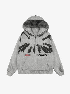 Grey Graphic Fur Hood Zip Up Hoodie – Heather Grey, front flat with fur hood | XoKool