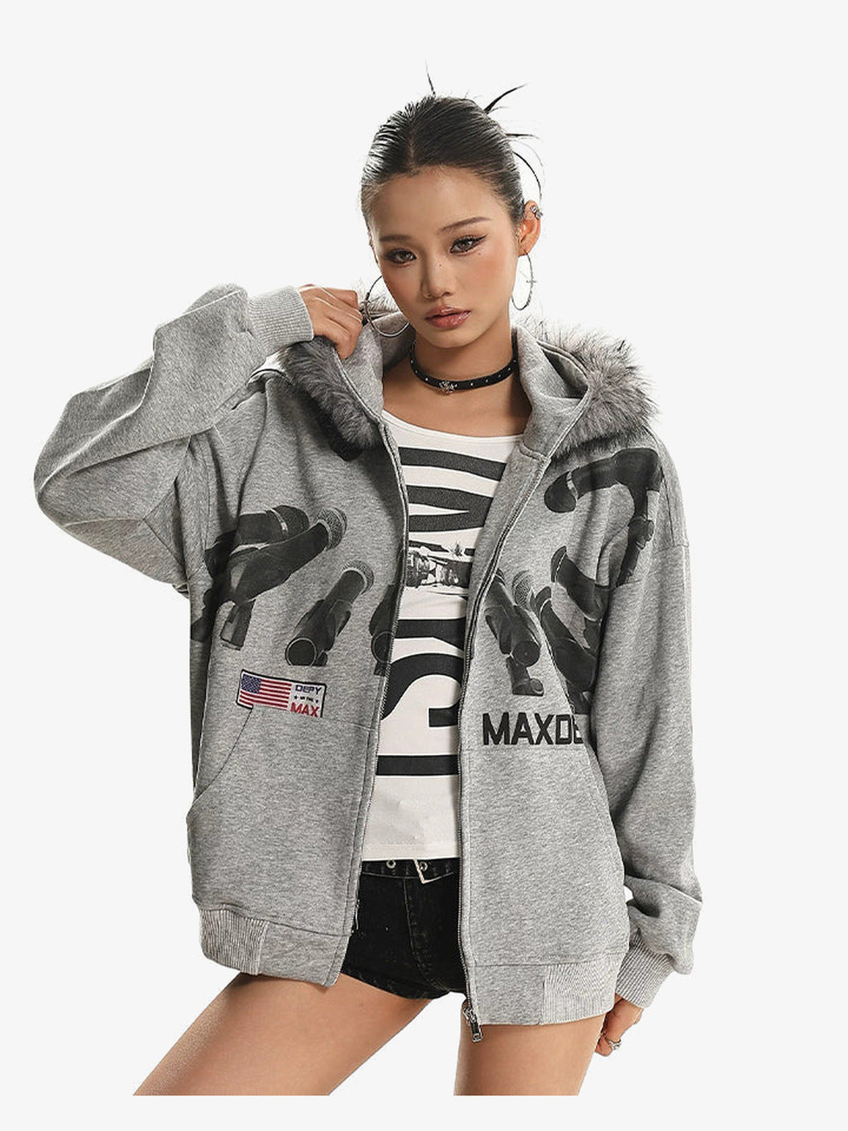 Fur hood zip up hoodie – on model (woman), open zip | XoKool