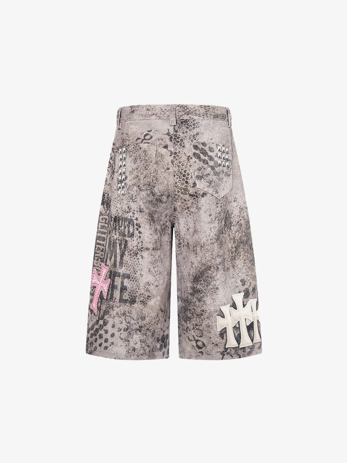 Graue Graphic Shorts mit Kreuz-Patches – Grau, Rückseite flach | XoKool
