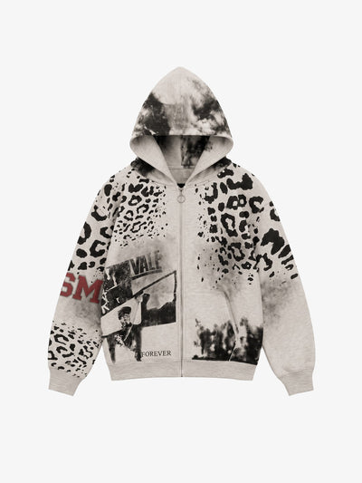 Grey Leopard Print Collage Zip Up Hoodie