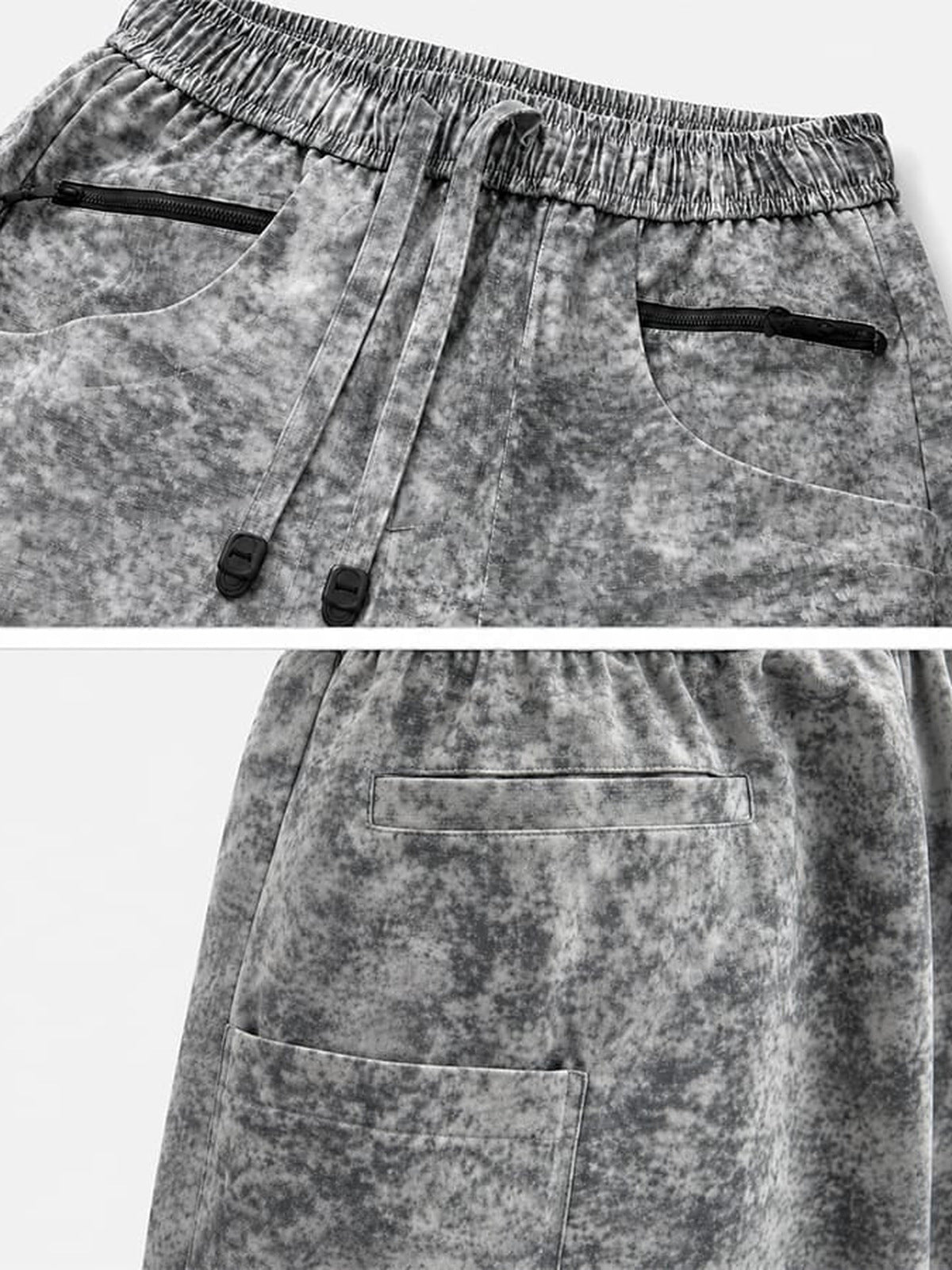 Graue Marble Wash Shorts mit Kordel und Reißverschlusstaschen – Nahaufnahme von Kordel und Gesäßtasche | XoKool