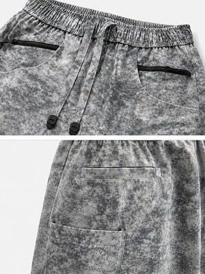 Graue Marble Wash Shorts mit Kordel und Reißverschlusstaschen – Nahaufnahme von Kordel und Gesäßtasche | XoKool
