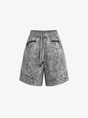Graue Marble Wash Shorts mit Kordel und Reißverschlusstaschen – Vorderseite flach | XoKool