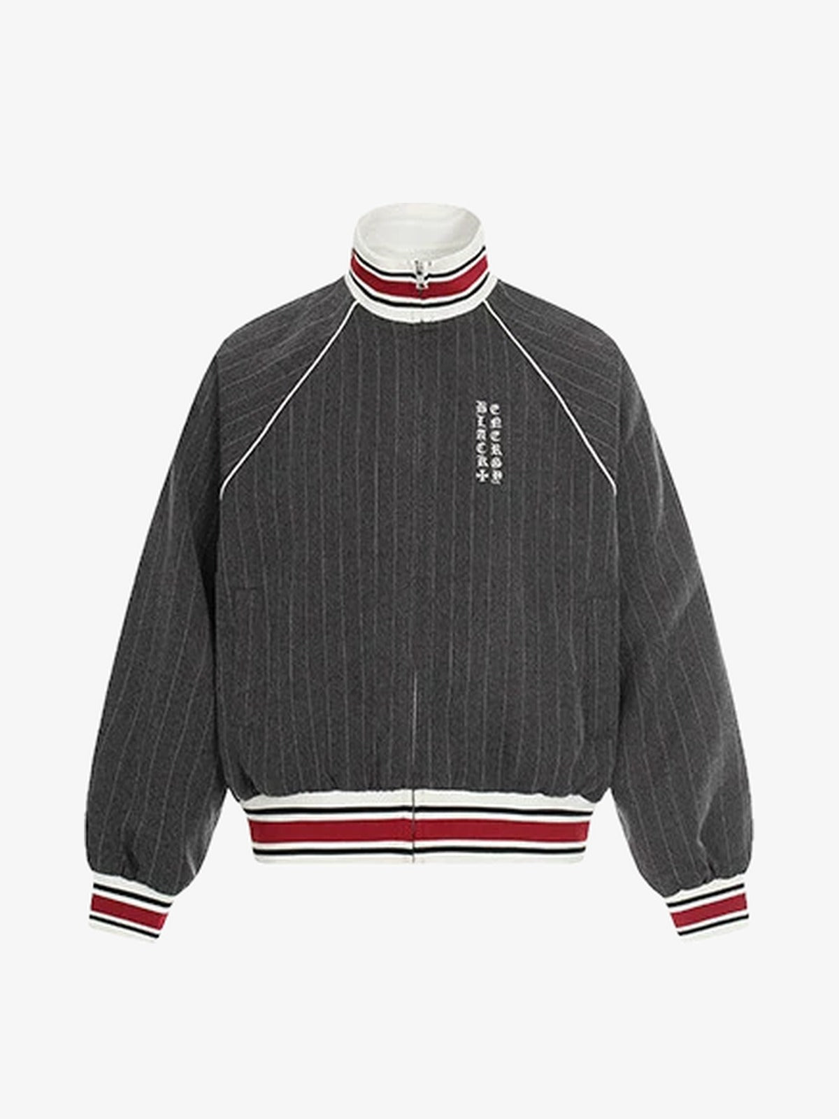 Grey Pinstripe Track Jacket with Striped Trim – Charcoal Pinstripe, front | XoKool