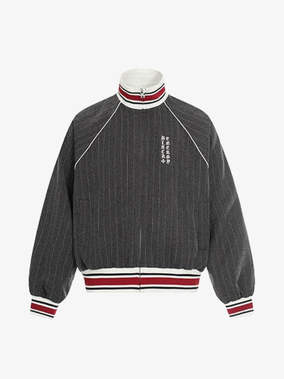 Grey Pinstripe Track Jacket with Striped Trim