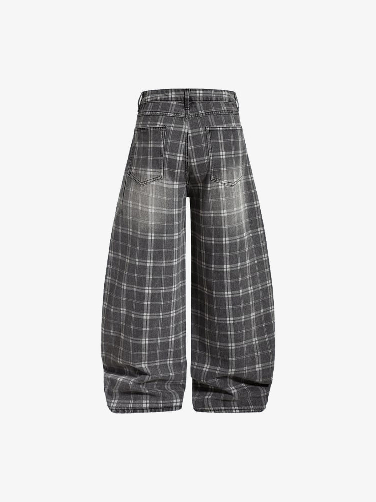 Graue karierte Barrel Jeans – Grau kariert, Rückseite flach | XoKool