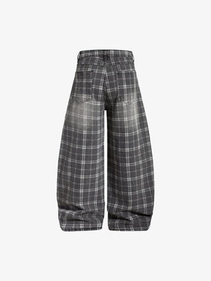 Graue karierte Barrel Jeans – Grau kariert, Rückseite flach | XoKool