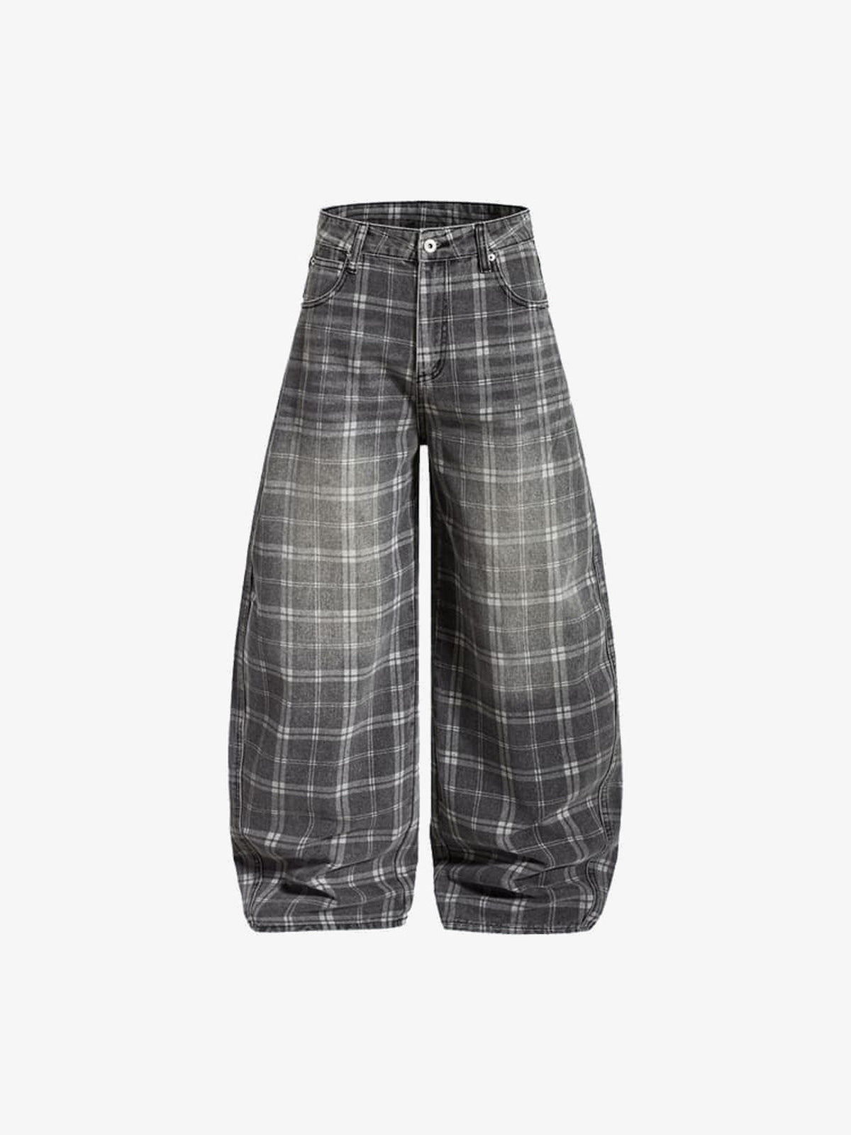 Graue karierte Barrel Jeans – Grau kariert, Vorderseite flach | XoKool