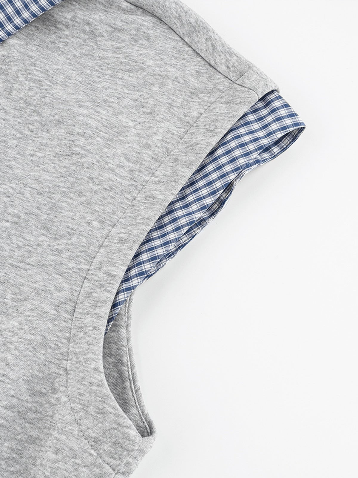 Sleeveless layered shirt – armhole gingham trim close-up | XoKool
