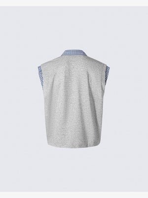 Grey Sleeveless Shirt with Gingham Layered Collar – back flat lay | XoKool