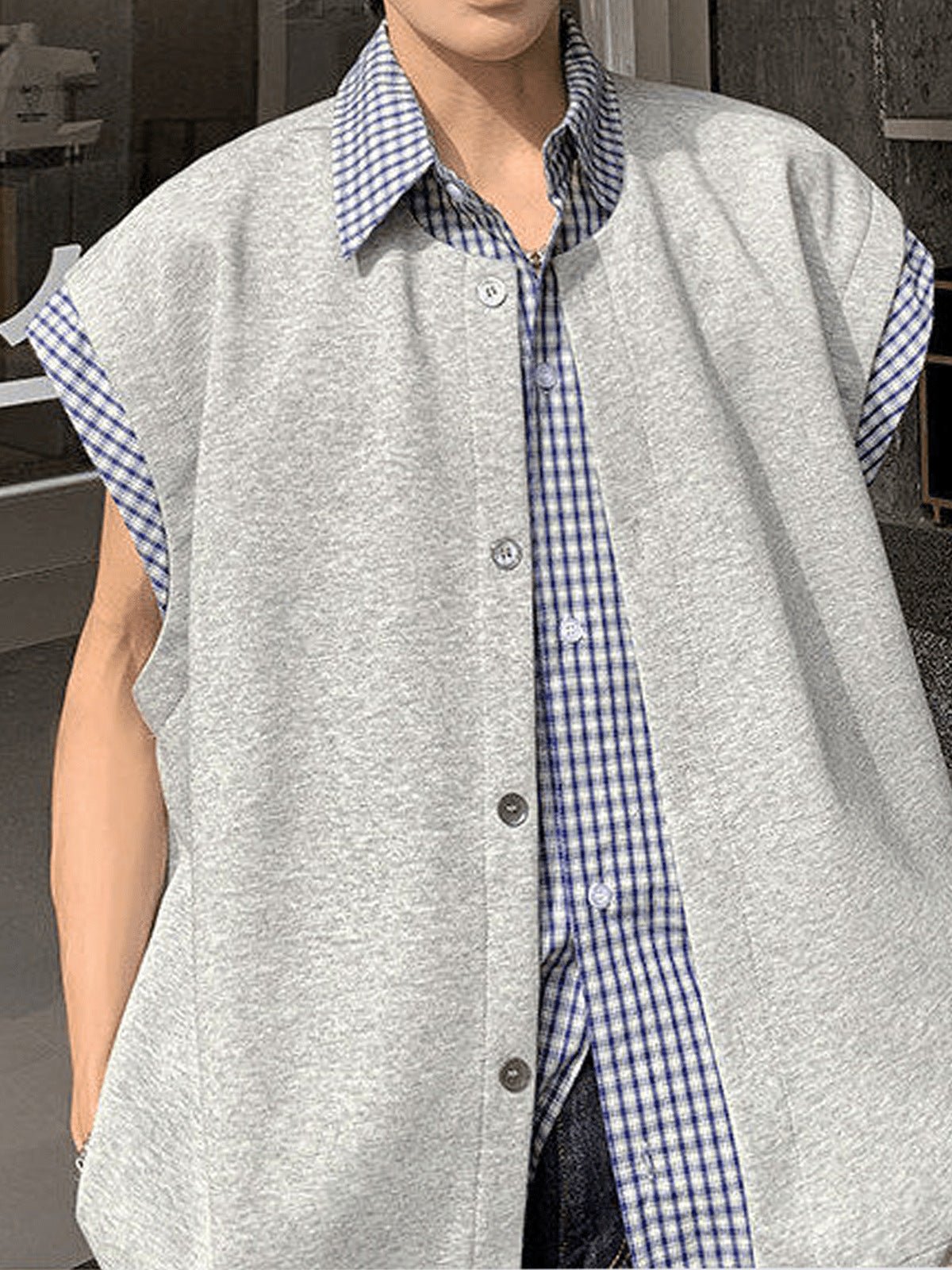 Grey Sleeveless Shirt with Gingham Layered Collar – on model, front close | XoKool