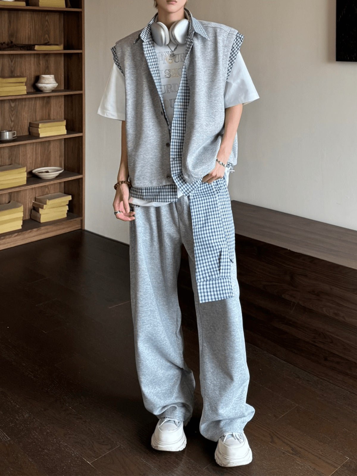 Grey Sleeveless Shirt with Gingham Layered Collar – on model, full body | XoKool
